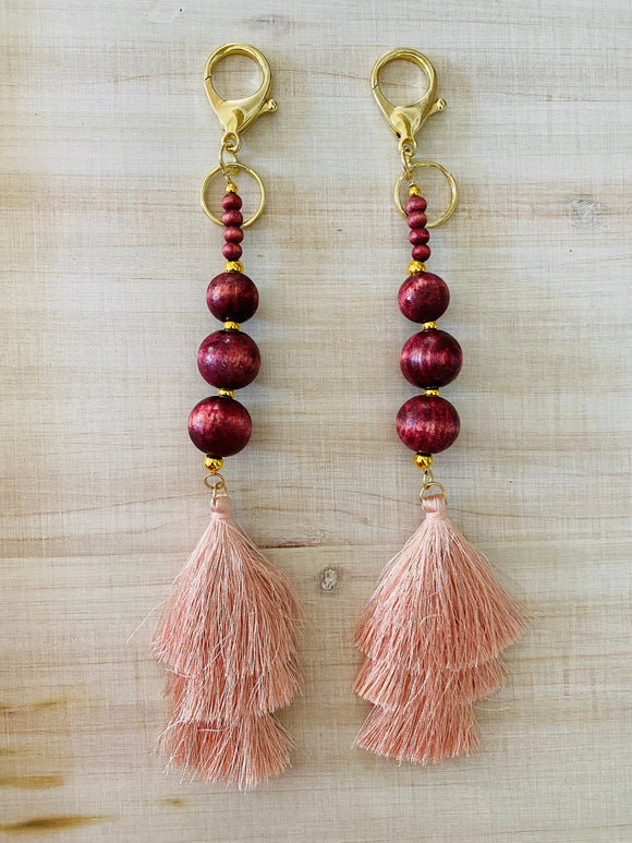 Cabernet Natural Wood Beaded Keychain - Pink Tassel - Gold Accents