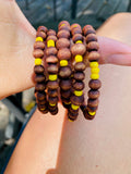 Natural Wood Bead Bracelet - yellow seed bead accents