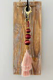 Cabernet Natural Wood Beaded Keychain - Pink Tassel - Gold Accents