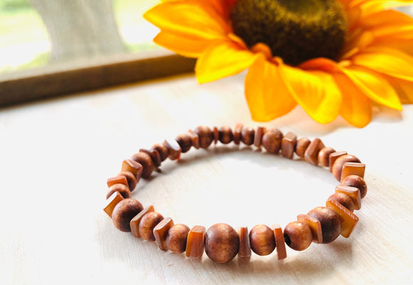 Natural Wood Beaded Bracelet with Puka Shell Beads